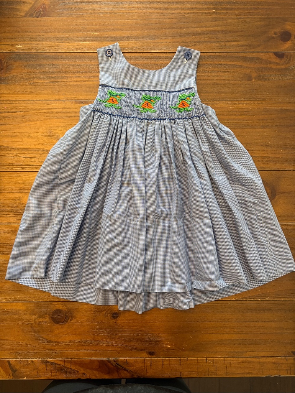 🐊 Vintage Smocked Alligator Gingham Jumper Dress 2T — Gator Fan Colors! 🧡💙